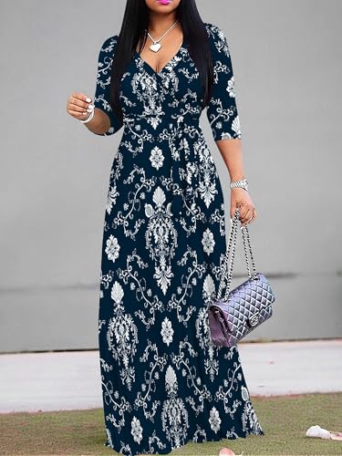 Image of Women's V Neck Floral Maxi Dress 3 /4 Sleeve Plus Size Boho Wrap Flowy Long Dresses with Belt