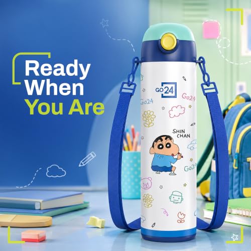 Image of Go24 pexpo Crayon Shinchan ISI Certified Stainless Steel Water Bottle for School Kids - 500ml | 2-Year Warranty |3 Layer Insulation |Hot & Cold Vacuum Flask | 4+ Years | Denim Blue Little Artist