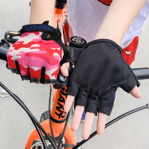 Mecmbj Kind Halb Finger Fahrradhandschuhe, Kinder Sport Handschuhe, rutschfeste Kindersporthandschuhe, zum Radfahren, Bootfahren, Yoga, Skaten, Klettern - rosa Tarnfarbe (Anwendbare Alter:6-12 Jahre)