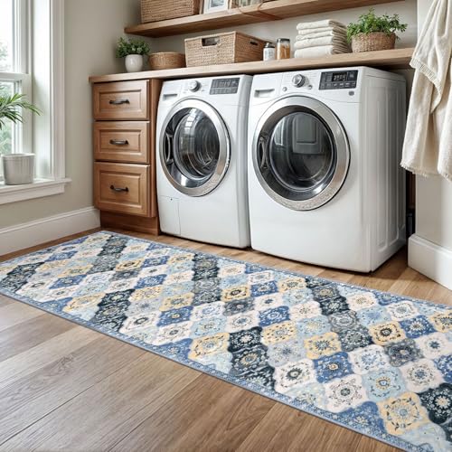 KILOCOCO 2x8 Runner Rug, Moroccan Super Soft Washable Hallway Entryway Runner Rug, Accent Print Faux Wool Kitchen Runner Rug 8 Feet Non-Slip Boho Rug Runner for Bedroom, Beige Blue/Yellow/Multi