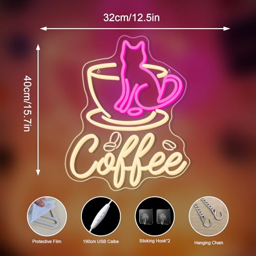Image of Coffee Cat Neon Sign Dimmable Pink LED Wall Light for Cafe Station Decor | 15.7IN*12.5IN,Five level brightness adjustment,USB powered,For Coffee Kitchen Corner Club Window Decor,Party Gifts