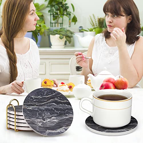 6 Pcs Gray Marble Ceramic Coasters With Holder Best Absorbent Drink Coasters Round Ceramic Table Coasters Set Bar Drink Coasters Beer Coasters Cocktail Coasters Farmhouse Drink Coasters #TOP6