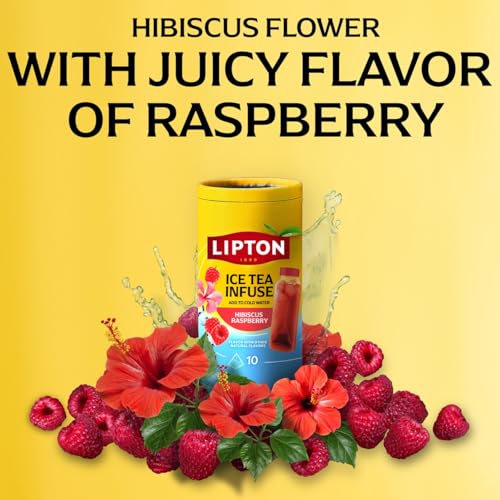Image of Lipton Ice Tea Infuse Hibiscus Raspberry Cold Brew Tea Bags 10-Count - Brews in Cold Water in Just 5 Minutes for 16 oz Water Bottles - Real Fruit Pieces and Herbals with 5-10 Calories, (Pack of 9)