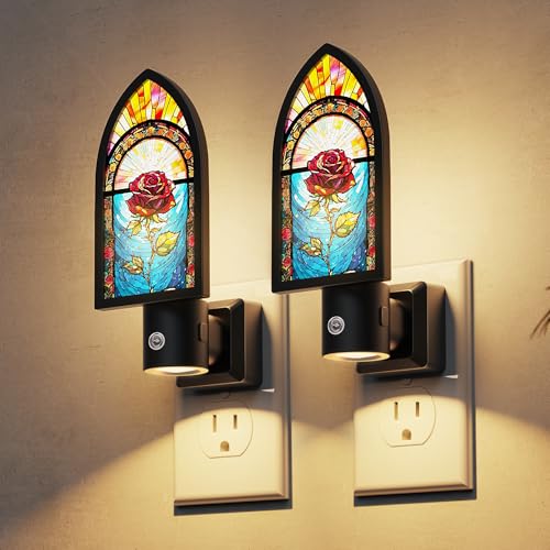 Image of L LOHAS LED Night Lights Plug into Wall, Gothic Night Light with Light Sensor, 3000K Soft White, 0-100LM Adjustable Brightness, Acrylic Rose Nightlight for Bathroom Bedroom Hallway, 2 Pack