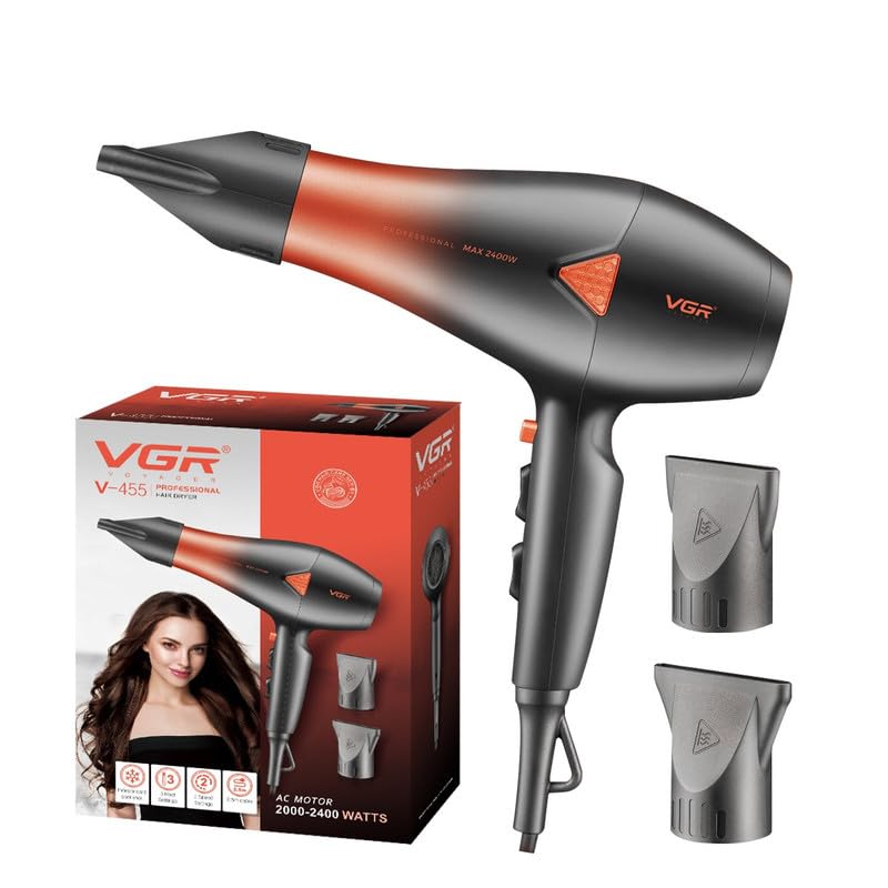 Image of VGR V-455 Professional Salon Series Hair Dryer 2000-2400W AC Motor 3 Heat & 2 Speed Setting Independent Cool Shot 2 Styling Nozzle Concentrator Overheating Protection 2.5M Cord cable, RED
