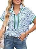 SHEWIN Women Summer Shirts Trendy Casual Dressy Tops Spring Work Business Blouses Fall Fashion Half Zip Outfits Boho Bohemian 2026 Clothes Size L，Blue