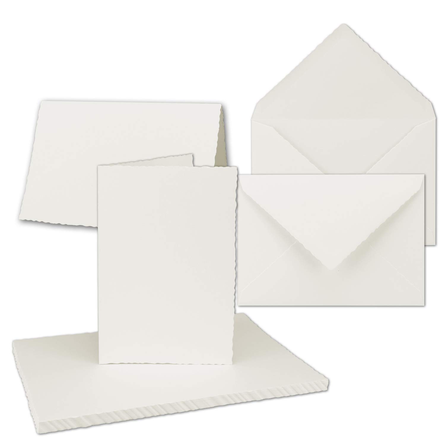 75x Vintage Faltkarten-Set mit Zackenschnitt hochdoppelt - Natur-Weiß - Edel-Bütten Karten mit Umschläge - DIN A6-10 x 15 cm - imitierter Büttenrand - by GUSTAV NEUSER