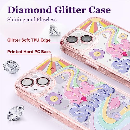 Image of Designed for iPhone 14 Case Pink Glitter Clear - Cute Bling Phone Case with Wrist Strap - Aesthetic Y2K Case for Woman, Girl 6.1 inch (She Shines)