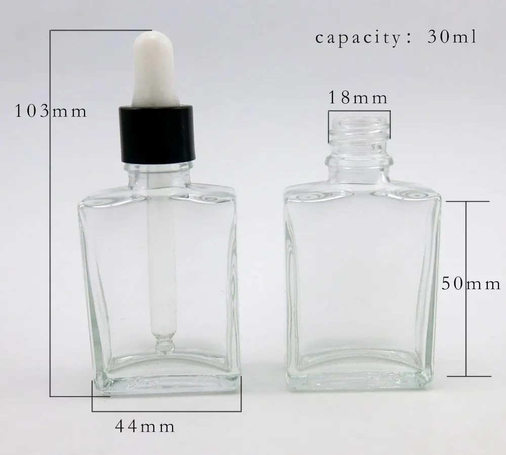 30 szt. 30 ml przezroczystych, kwadratowych szklanych butelek z zakraplaczem z nakrętkami. Puste pojemniki do dozowania cieczy(Shining Silver white)