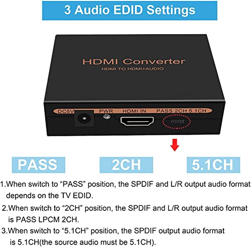 Image of 1080P HDMI Audio Extractor, HDMI to HDMI Audio (L /R RCA + Toslink Optical SPDIF) Video Converter Adapter Splitter with Optical Fiber Cable for PS3 PS4 Blu-ray DVD Player Sky HD Box