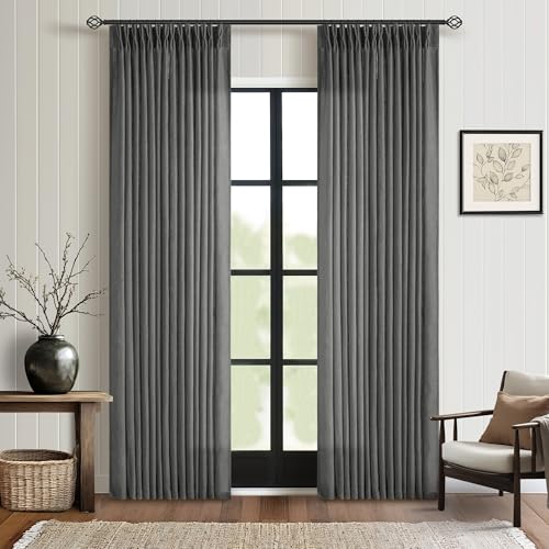 Image of TWODRAPES Dark Grey 80 Inch Pinch Pleated Linen Curtains 2 Panel Set for Living Room Thick Linen Drapes 80 Inches Long Pinch Pleat Drapes Semi Sheer Curtain for Dining Bedroom Office Charcoal Gray