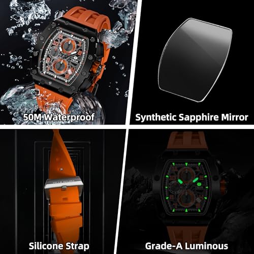 Image of TSAR BOMBA Mens Luxury Watch Watches for Men 50M Waterproof Japanese Quartz Movement Tonneau Stainless Steel Case Sapphire Glass with Chronograph Date Function Cool Unique Fashion Gift