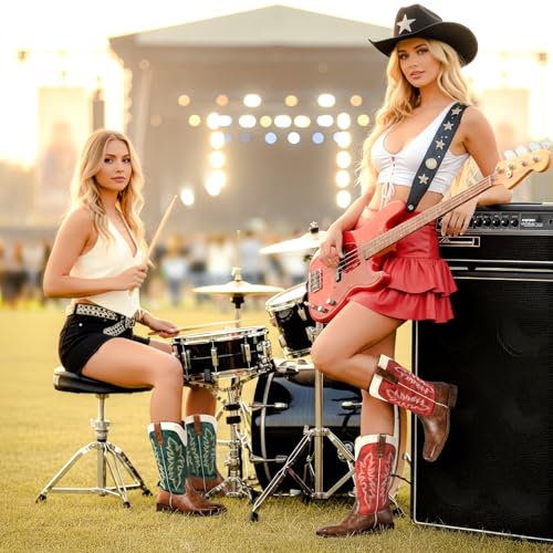 Image of SheSole Square Toe Cowgirl Boots for Women - Wide Calf, Lightweight, Pull-On, Embroidered with Hidden Elastic, Perfect for Country Concerts, Work, Travel, and a Night Out