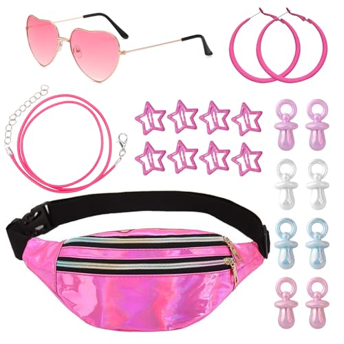 Disfarce dos anos 90 para mulher, 20 peças dos anos 90, acessórios com bolsa de cintura para mulher, óculos de coração, brincos em forma de estrela, corrente rosa com pendente para acessórios hippie