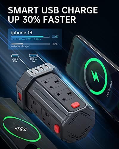 Tower Extension Lead with USB Slots, 3M Multi Plug Extension 8 Outlets and 4 USB (1 Type C and 3 USB Ports) [13A 3250W] Surge Protector Extension Lead with Widely Spaced Outlets for TV PC Tablets