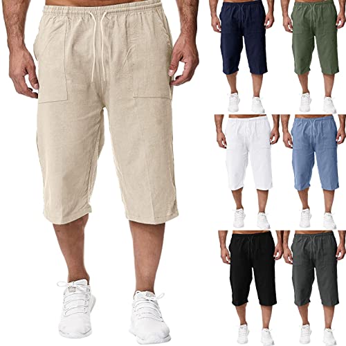 Mens Cotton Linen Casual Pants Elastic Waist Drawstring Trousers Yoga Beach Summer Pants Seven-Point Sweatpants4