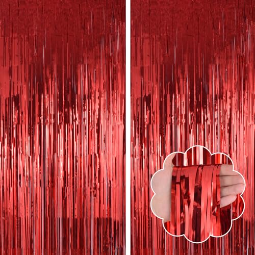 Image of Red Curtains Backdrop Tinsel Streamers Party Decorations 2Pack 3.3x8.2FT - Red Birthday Decorations Valentines Day Decorations Carnival Party Decorations Christmas Wedding Bachelorette