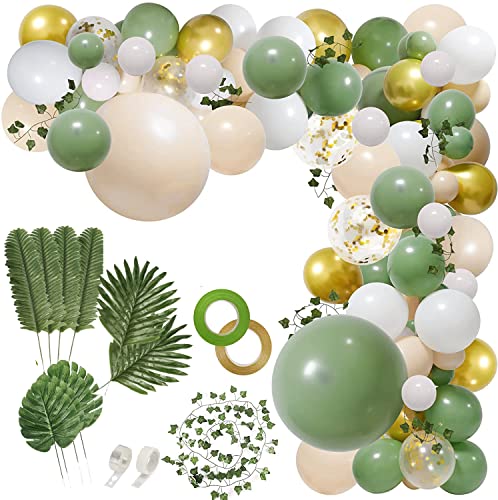 Guirlande de ballons XXL avec de nombreux accessoires - kit de ballons en vert olive, or, blanc et beige pour les baby showers, les anniversaires, les mariages et bien plus encore.