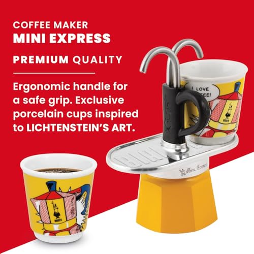 Image of Bialetti Mini Express Lichtenstein, Coffee Maker 2-Cup + 2 shot glasses, Aluminum