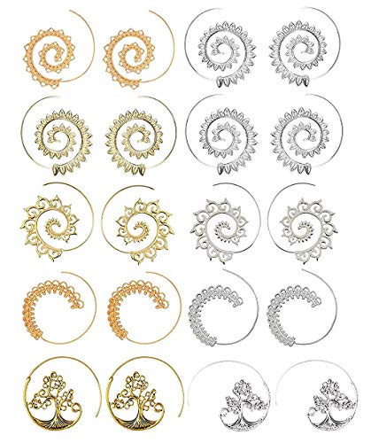 GUUTUUG 10 Pares de aretes de aro en Espiral para Mujeres niñas Pendientes Tribales de la Vendimia Remolino de Oro sinver (20 Piezas)