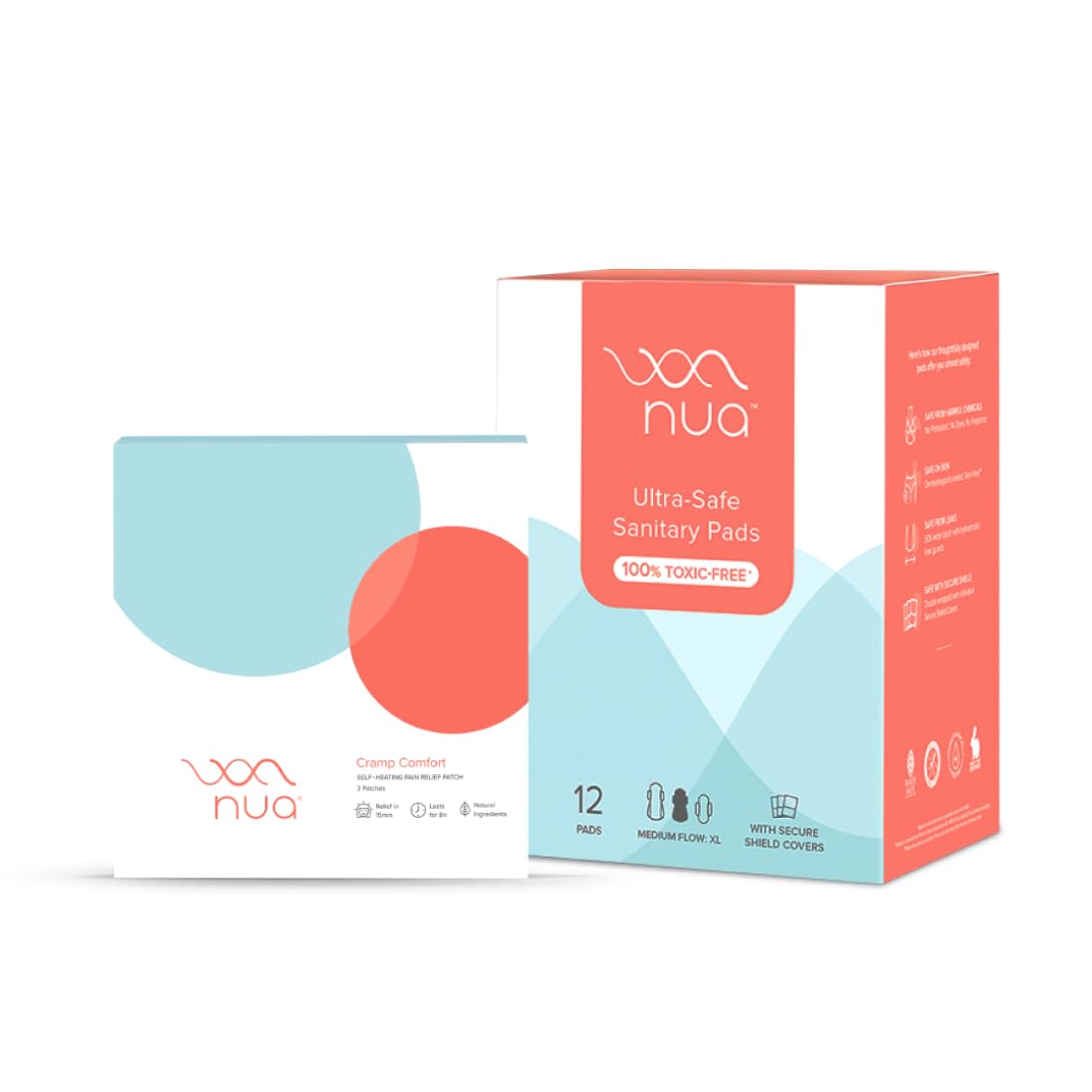 Nua Ultra Thin Rash Free Leak Proof 12L Sanitary Pad & Nua Cramp Comfort (3 Heat Patches) Combo | Higher Absorbency | Soft Top layer | Toxic-Free | 8 Hours Pain Relief