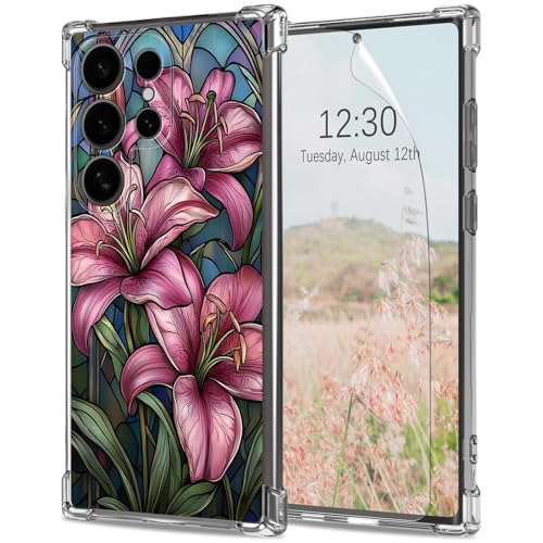 for Samsung Galaxy S26 Ultra Clear Case with Screen Protector 6.9" [Drop Protection] Pink Lilies Slim Soft TPU Transparent [Anti-Scratch] [Non-Yellowing] Cute Phone Cover for Samsung S26 Ultra 5G