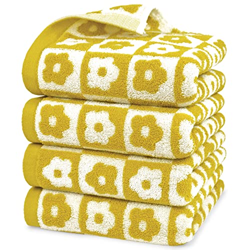 4 Pack Cotton Hand Towels For Bathroom Kitchen - Soft And Quick Drying Face Towels Checkered Floral Yellow, 410 Gsm, 29” X 13” #TOP26