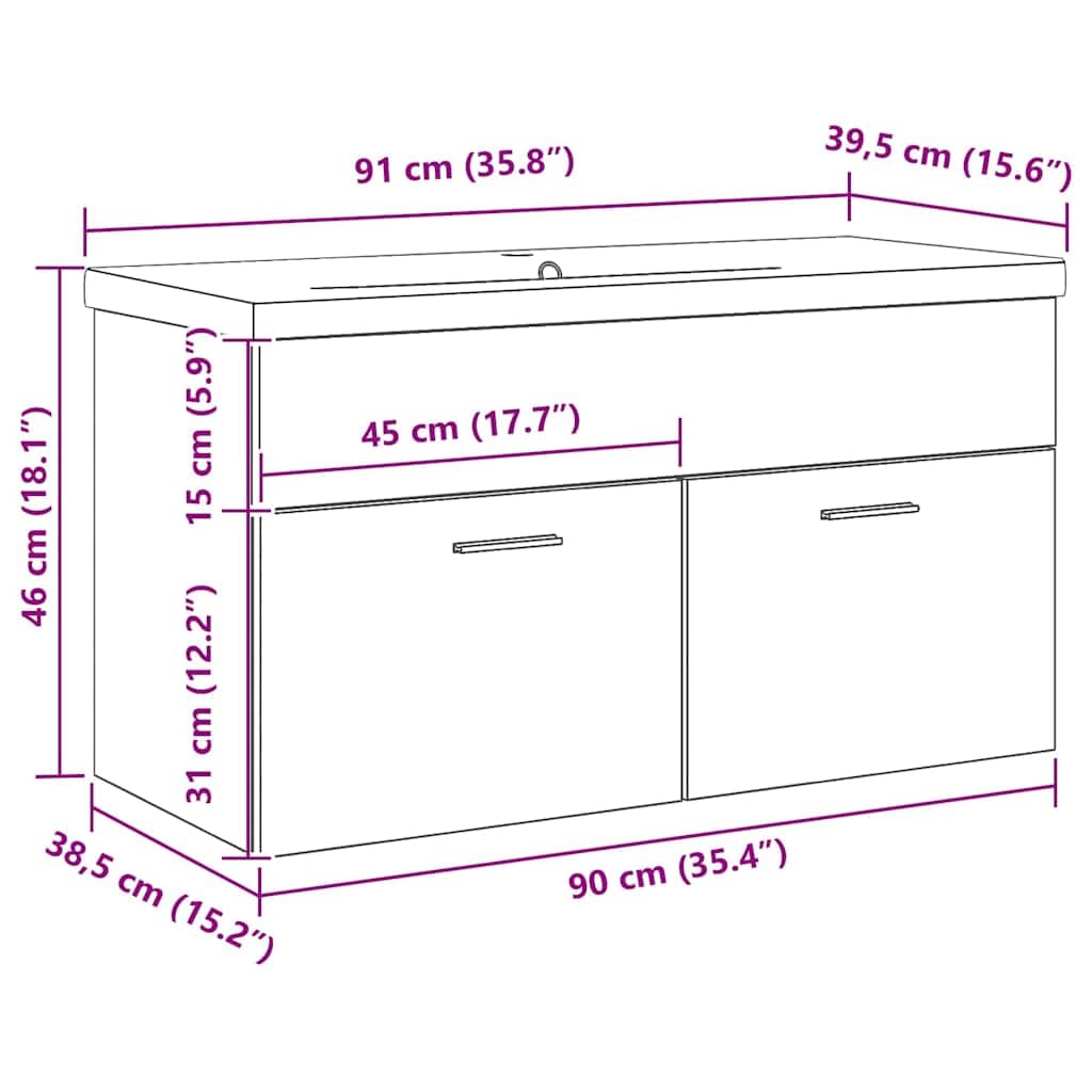 vidaXL Mobile da Bagno Rovere Nero 90 x 38,5 x 46 cm