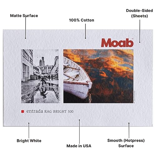 Moab Entrada Rag Bright 300, 100% Cotton Fine Art Archival Inkjet Paper, 2-Sided, Smooth (Hotpress) Bright White Matte, Heavy Weight 300gsm, 11 x 17 Inches, 25 Sheets (5X7)