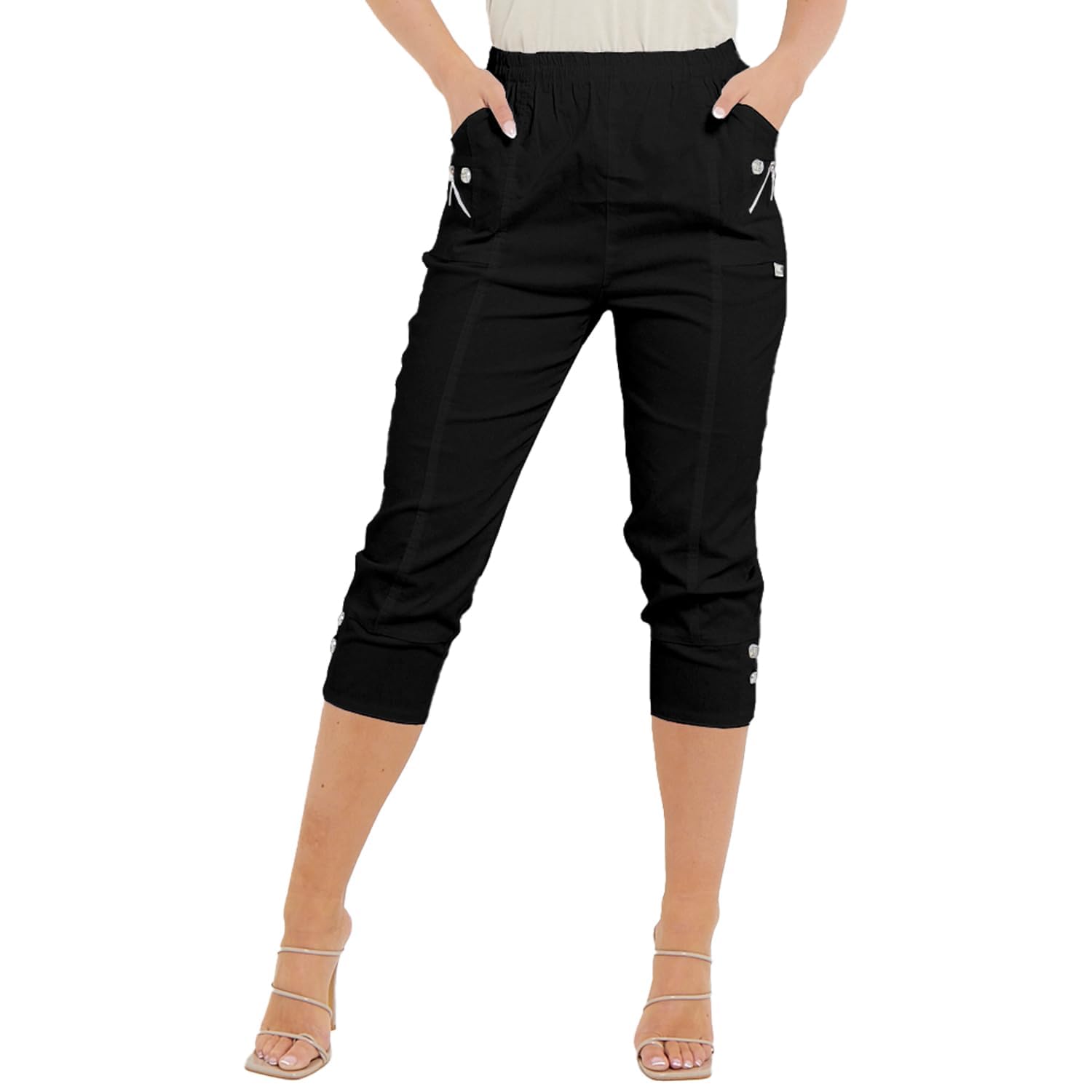 Pure Fashion UK Cropped Trousers Women New Cherry Berry Soft Cotton Stretch Capri 3/4s Elasticated Pants Size 8-26 (as8, Numeric, Numeric_20, Regular, Black)