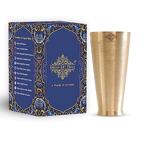 Indian Art Villa Embossed Flower Design Brass Lassi Glass Tumbler, Drinkware Home Restaurant, 23 Oz, Gold