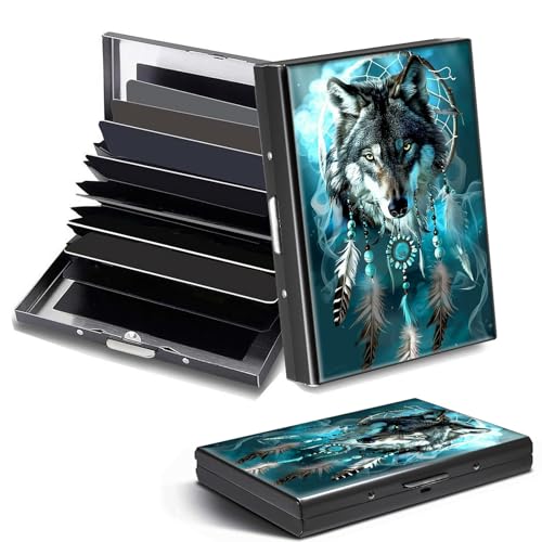 Credit Card Holder, Dream Catcher Wolf Design Mini RFID Blocking Aluminum Wallet Slim Metal Hard Case Shell Travel Wallet ID Case Small Credit Cards Case Business Cards for Women Men Girls