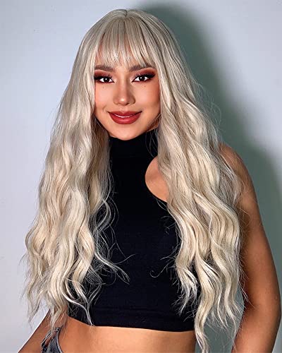 TopWigy Women Blonde Wig with Bangs 26Inch Long Wavy Wigs Natural Looking Heat Resistant Hair Synthetic Blonde Curly Wig for Cosplay Halloween Party Wigs