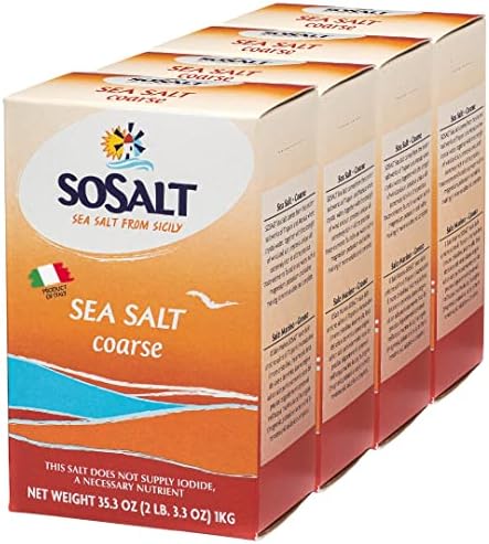 Coarse Natural Sea Salt, 4 pack x 1 kg (35.3 oz), SoSalt, Sicilian Sea Salt, Mediterranean Sea Salt, Kosher Sea Salt, Cooking, Grilling, Asado, Parilla, Steak, Trapani, Mediterranean, Sicily, Italy.