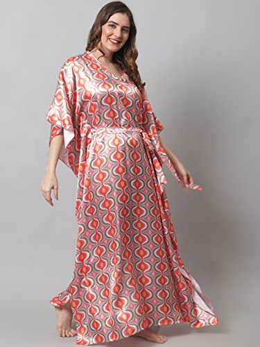 Claura Orange Digital Print Silk Satin Women Kaftan Nightdress/Kaftan Nighty for Women - Image 2