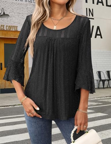 Heersan Camisas para Mujer Elegante Manga 3/4 Cuello Redondo Blusa Suelta Transpirable con Volantes Camiseta Ligera para Primavera Verano Otoño