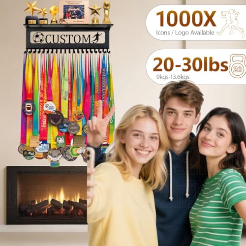 Image of Personalized Medal Holder with Name Display Rack for Awards Ribbons - Metal Custom Sports Race Plaques Hanger for Wall Mount Hold Up 63 Medal Hanger Display for Athlete Boy Girl Kid