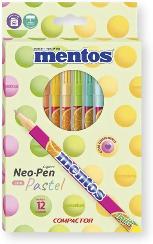 Caneta Hidrográfica, Neo Pen Gigante, Mentos, 12 Cores Pastel, Compactor, Blister