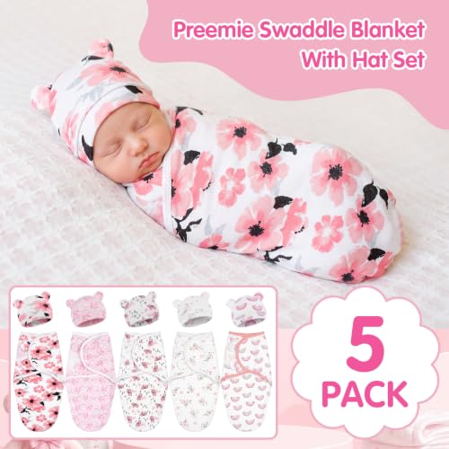Image of Fanfanwin 5 Pack Preemie Swaddle Blanket Wrap with Hat Set, Bear
