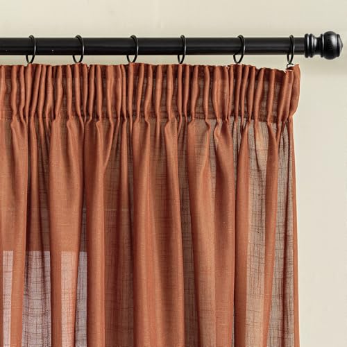 MYSKY HOME Lot de 2 rideaux à galon fronceur, aspect lin, modernes, semi-transparents, pour salon, style naturel, H 160 x l 140 cm, terre cuite