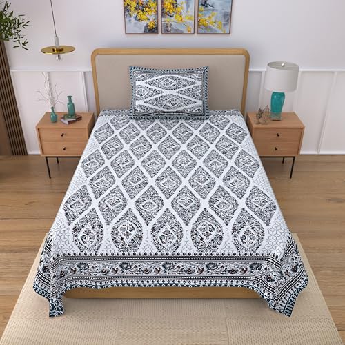 Image of 100% Cotton Single Bedsheet with 1 Pillow Cover | 240 TC Pure Cotton Flat Bed Sheet | Traditional Jaipuri Printed Bedding Set | Soft & Breathable | 60 x 90 Inch (Rangmahal Single 31)