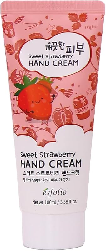 esfolio Sweet Strawberry Hand Cream – Moisturizing Korean Hand Lotion with Strawberry Extracts – Softens, Hydrates & Smooths Dry Skin – Lightweight Non-Greasy Formula (3.38 OZ/100ML)