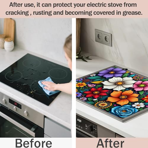 Image of Vibrant Mandala Floral Stove Cover for Electric and Glass Stove Tops 3-in-1 Stove Mat, Heat Resistant Counter Protector Mat, Non-Slip Surface & Drying Rack, 28.5 inchLx20.5 inchW