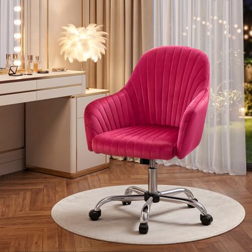 Image of Warmiehomy Velvet Chair for Home Office, Adjustable Swivel Computer Chairs with Arm Rest for Bedroom Living Room Make-up Room, Deep Pink