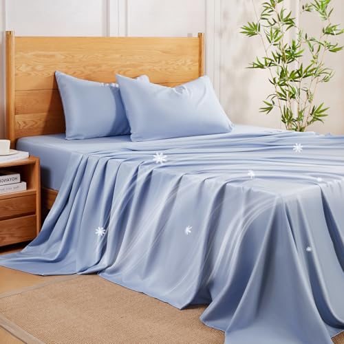 MR&HM Queen Sheet Set, 4-Piece Cooling Sheets, Rayon Derived from Bamboo & Polyester Blend, Soft & Silky, 15" Deep Pockets with Elastic Straps, Hotel Luxury for Hot Sleepers, Light Blue