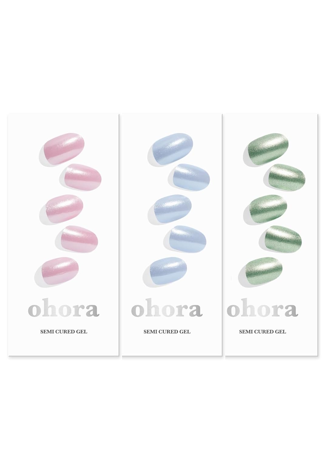 ohora Semi Cured Gel Nail Set of 3 (N Baby Pink Chrome & N Light Blue Chrome & N Matcha Chrome) - Professional Salon-Quality Nail Care - Easy to Use, Comfortable Curing, and Easy to Remove