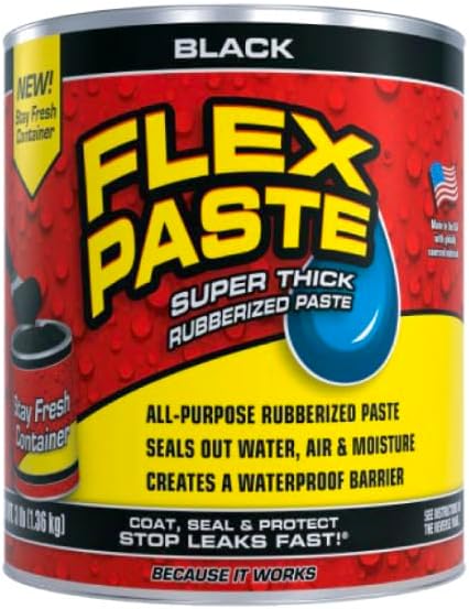 Flex Paste, Waterproof Paintable Putty, Spackle Sealant, Fill Gaps Cracks Holes - Block Out Water and Air - UV Resistant - Walls, Drywall, EPDM, Concrete, Roof, RV Repairs, Black, Quart