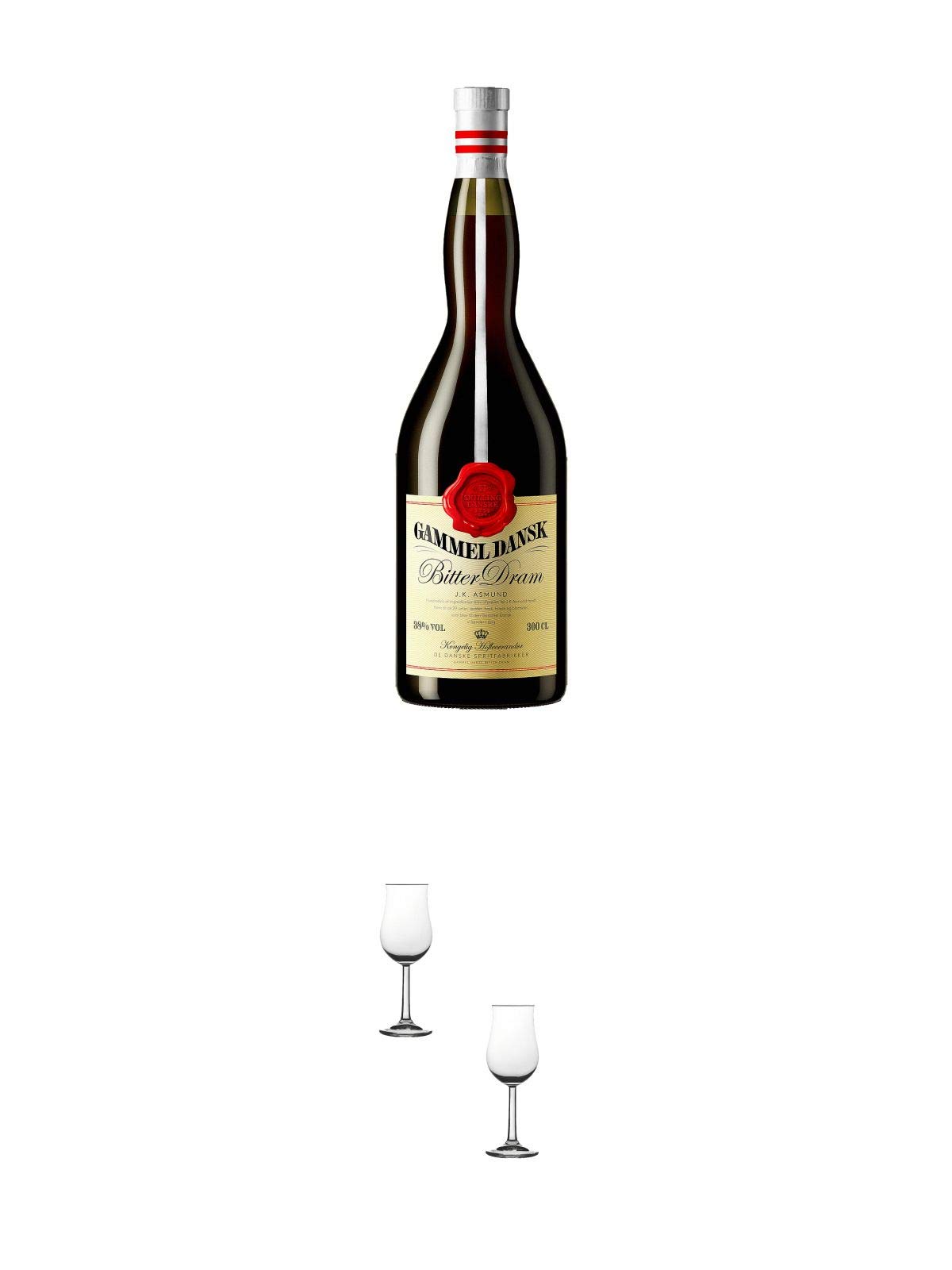 Gammel Dansk Bitter Dram aus Dänemark 3,0 Liter Magnum + Nosing Gläser Kelchglas Bugatti mit Eichstrich 2cl und 4cl - 2 Stück