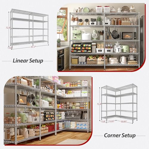 Image of REIBII 1500LBS Storage Shelves 61.7''W Wire Shelving Unit 5 Tier Metal Shelving for Storage Rack Shelves Heavy Duty Garage Shelf Pantry Shelves Kitchen Shelving, 61.7 inch W*72.4 inch H*15.8 inch D, Chrome