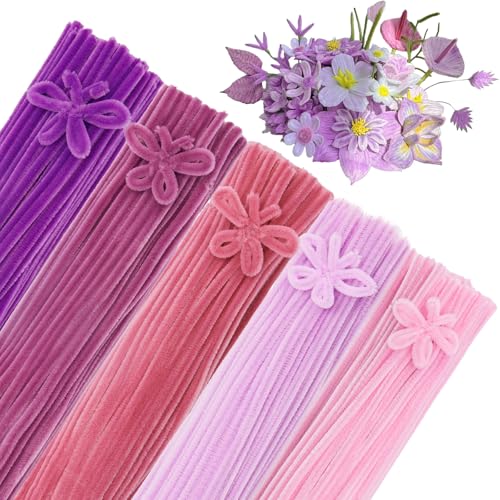 GUWINA 500 Stück Pfeifenreiniger zum Basteln Pastell Rosa und Lila, 30cm Lang 8mm Dick, Bunte Pfeifenputzer Blumen Set in 5 Farben für DIY-Kunst, Kinder-Bastelprojekte und Dekorationen